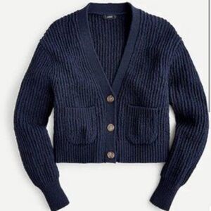 J. Crew Cropped Patch Pocket Beach Sweater Cardigan Navy Blue Women’s Medium